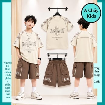 Đồ bộ bé trai cotton tay ngắn in chữ nổi phong cách hàn quốc cá tính cho bé đi chơi , đi học