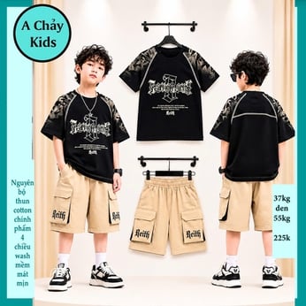 Đồ bộ bé trai cotton tay ngắn in chữ nổi phong cách hàn quốc cá tính cho bé đi chơi , đi học