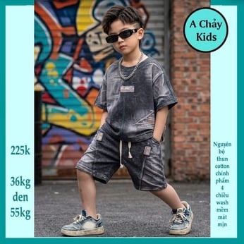 Đồ bộ bé trai cotton tay ngắn ( vải wash ) in chữ phong cách hiphop siêu ngầu cho bé diện đi chơi , du lịch