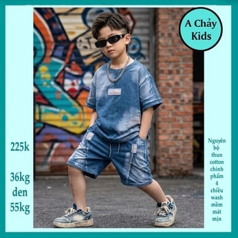 Đồ bộ bé trai cotton tay ngắn ( vải wash ) in chữ phong cách hiphop siêu ngầu cho bé diện đi chơi , du lịch