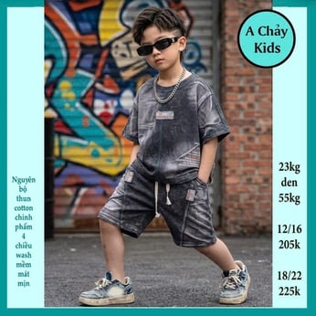 Đồ bộ bé trai cotton tay ngắn ( vải wash ) in chữ phong cách hiphop siêu ngầu cho bé diện đi chơi , du lịch