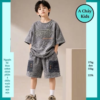 Đồ bộ bé trai cotton tay ngắn ( vải wash ) in chữ phong cách hiphop siêu ngầu cho bé diện đi chơi , du lịch