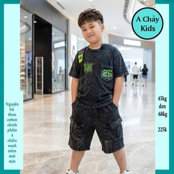 Đồ bộ bé trai cotton tay ngắn ( vải wash ) in chữ phong cách hiphop siêu ngầu cho bé diện đi chơi , du lịch