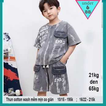 Đồ bộ bé trai cotton tay ngắn ( Vải wash ) in chữ phối màu loang phong cách cá tính siêu ngầu cho bé đi chơi , đi học