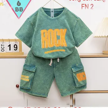 Đồ bộ bé trai cotton tay ngắn  vải was in họa tiết chữ ROCK phối quần túi hộp phong cách hiphop cho bé đi chơi , đi học