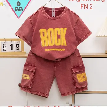 Đồ bộ bé trai cotton tay ngắn  vải was in họa tiết chữ ROCK phối quần túi hộp phong cách hiphop cho bé đi chơi , đi học