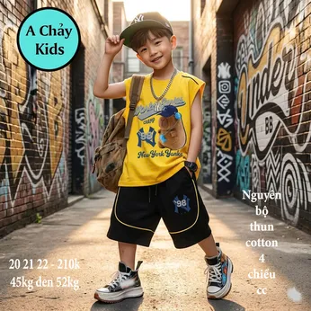 Đồ bộ bé trai sát nách cotton in hình Capybara đeo tai nghe phong cách cá tính cho bé đi chơi , đi học