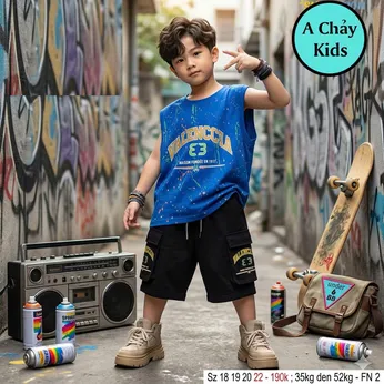 Đồ bộ bé trai sát nách cotton in chữ vệt sơn phong cách cá tính cho bé đi chơi , đi học