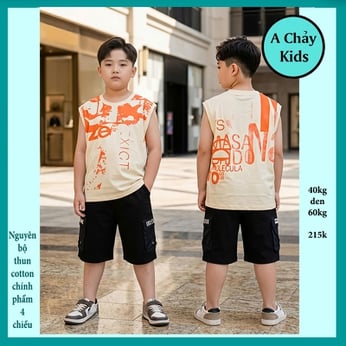 Đồ bộ bé trai sát nách cotton in chữ phong cách hiphop hàn quốc cho bé diện đi chơi  , đi học