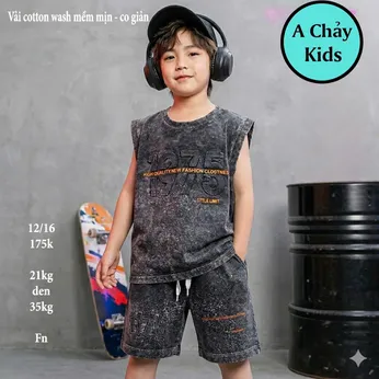 Đồ bộ bé trai sát nách cotton ( Vải wash ) in chữ nổi phong cách sang xịn cho bé đi chơi , đi du lịch