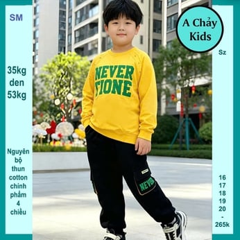 Đồ bộ bé trai tay dài in NEVER TIONE phong cách cá tính cho bé diện phố , du lịch