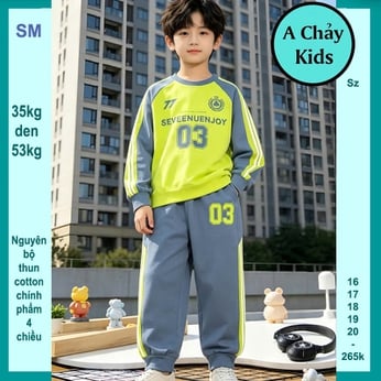 Đồ bộ bé trai tay dài in chữ SEVEENUENJOY 03 phong cách cá tính cho bé diện phố , du lịch