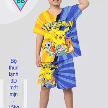 Đồ bộ bé trai thun lạnh tay ngắn in 3D hình Pokemon - Pikachu cho bé đi chơi , đi học
