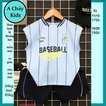 Đồ bộ bé trai thun lạnh sát nách in chữ BASEBALL phong cách thể thao cho bé đi chơi , đi học