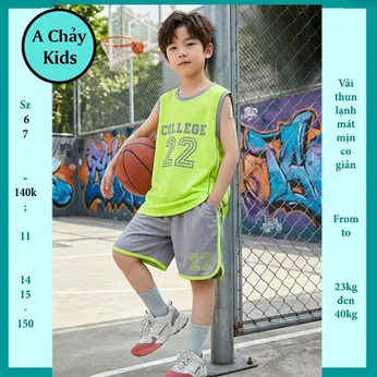 Đồ bộ bé trai thun lạnh sát nách thể thao in chữ số College 22 phong cách bóng rổ cho bé đi chơi , đi học