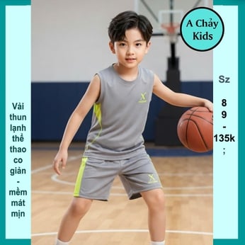 Đồ bộ bé trai thun lạnh sát nách thêu họa tiết dấu chéo phong cách thể thao bóng rổ cho bé đi chơi , đi học