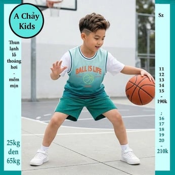 Đồ bộ bé trai thun lạnh thể thao in chữ BALL IS LIFE phối màu phong cách bóng rổ 