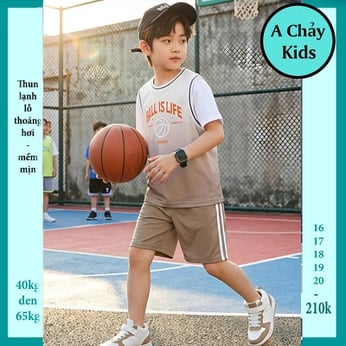 Đồ bộ bé trai thun lạnh thể thao in chữ BALL IS LIFE phối màu phong cách bóng rổ