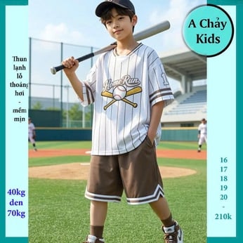 Đồ bộ bé trai thun lạnh thể thao in chữ HOME RUN phong cách bóng chày cho bé đi chơi , đi học