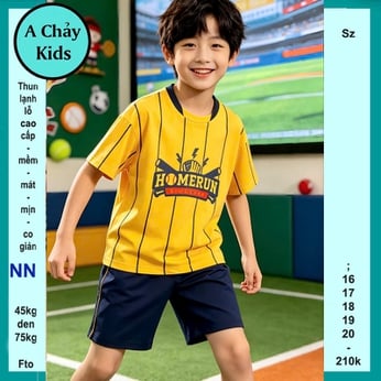 Đồ bộ bé trai thun lạnh thể thao in chữ HOMERUN phối sọc phong cách bóng chày cá tính cho bé đi chơi, đi học