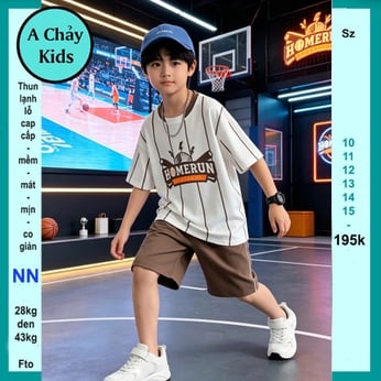 Đồ bộ bé trai thun lạnh thể thao in chữ HOMERUN phối sọc phong cách bóng chày cá tính cho bé đi chơi, đi học