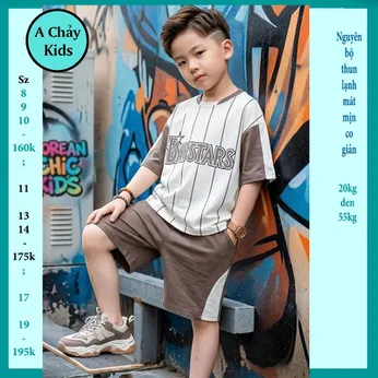 Đồ bộ bé trai thun lạnh thể thao in chữ phối sọc phong cách bóng chày cho bé diện đi chơi , đi học
