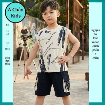 Đồ bộ bé trai sát nách cotton in chữ phong cách cá tính cho bé yêu đi đi chơi , du lịch mùa hè