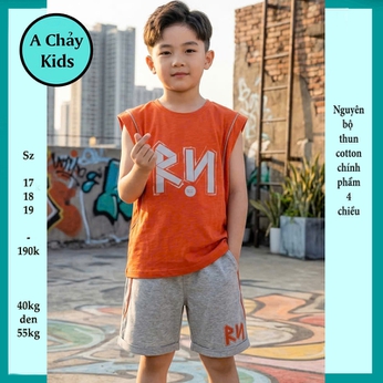 Đồ bộ sát nách bé trai cotton in chữ RN  phong cách cá tính cho bé đi chơi , đi học 