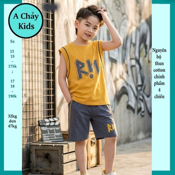 Đồ bộ sát nách bé trai cotton in chữ RN  phong cách cá tính cho bé đi chơi , đi học