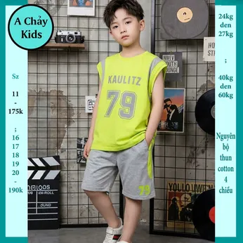 Đồ bộ sát nách bé trai cotton in chữ số 79  phong cách thể thao cá tính cho bé đi chơi , đi học