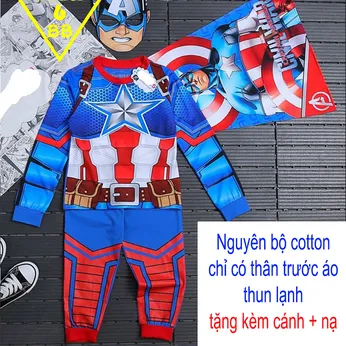 Đồ bộ tay dài in 3D Đội Trưởng Mỹ -Captain america cho bé đi ngủ , đi chơi Cosplay ( kèm cánh , nạ )