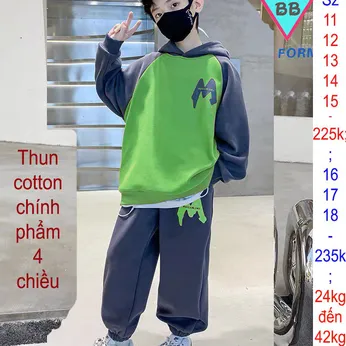 Đồ bộ tay dài quần dài in chữ M phong cách hoddie hiphop cá tính ( xanh lá 01)