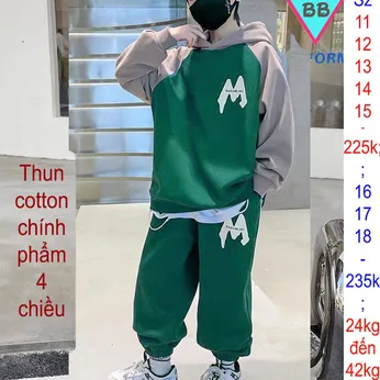 Đồ bộ tay dài quần dài in chữ M phong cách hoddie hiphop (xanh rêu 02)