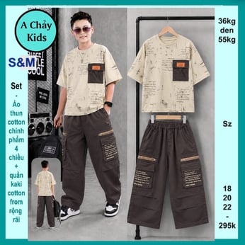 Đồ bộ tay ngắn quần dài ( áo cotton + quần kaki ) in chữ phong cách cá tính cho bé diện phố, du lịch