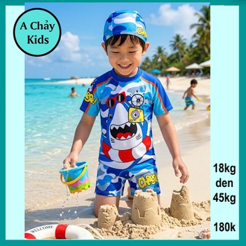 Đồ bơi bé trai tay ngắn in 3D hình cá mập siêu đáng yêu cho bé đi tắm biển , đi bơi ( đồ bơi liền )