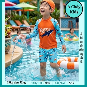 Đồ bơi bé trai tay dài ( đồ bơi rời ) in 3D hình cá mập - Shark cho bé diện đi biển , đi bơi