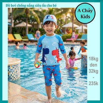 Đồ bơi bé trai tay dài in 3D Khủng Long siêu đáng yêu cho bé đi tắm biển , đi bơi ( Đồ bơi rời ,  kèm nón )