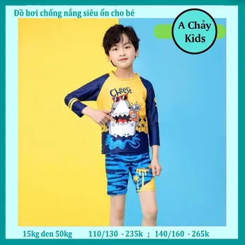 Đồ bơi bé trai tay dài in 3D hình Cá Mập cho bé