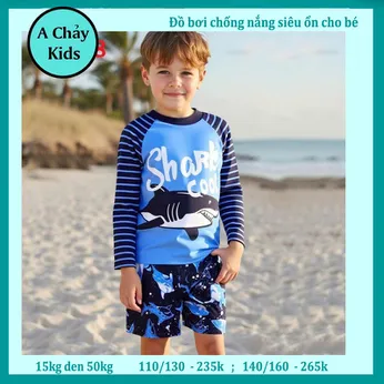 Đồ bơi bé trai tay dài in 3D hình Cá Mập cho bé