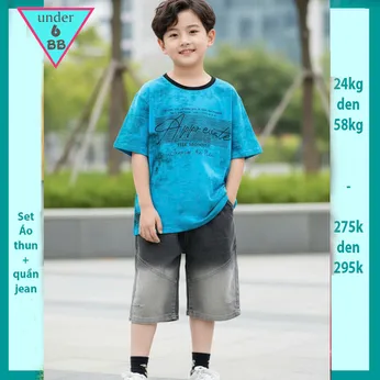 Set bộ jean bé trai ( áo vải thun cotton - quần jean co giãn ) in chữ phối loang màu phong cách cá tính cho bé đi chơi , đi du lịch