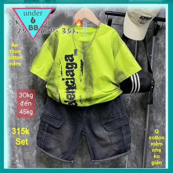 Set bộ jean bé trai ( áo vải cotton  - quần jean không co giãn ) in chữ phong cách cá tính cho bé đi chơi 