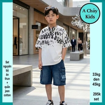 Set bộ jean bé trai ( Áo thun cotton + quần jean) in chữ phong cách cá tính cực sang cho bé diện đi chơi , đi du lịch