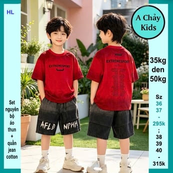 Set bộ jean bé trai ( Áo thun cotton + quần jean) in chữ phong cách cá tính cực sang cho bé diện đi chơi , đi du lịch