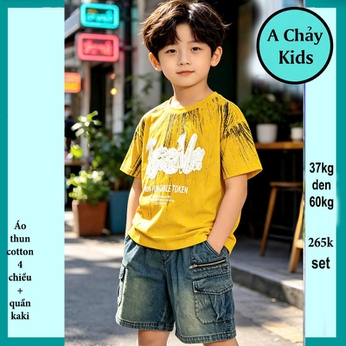 Set bộ jean bé trai ( Áo thun cotton + quần jean) in chữ phong cách cá tính cực sang cho bé diện đi chơi , đi du lịch