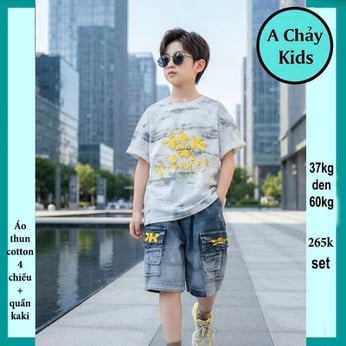 Set bộ jean bé trai ( Áo thun cotton + quần jean) in chữ phong cách cá tính cực sang cho bé diện đi chơi , đi du lịch