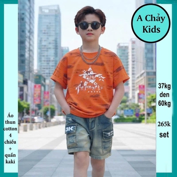 Set bộ jean bé trai ( Áo thun cotton + quần jean) in chữ phong cách cá tính cực sang cho bé diện đi chơi , đi du lịch
