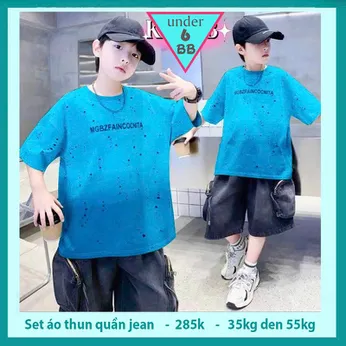 Set bộ jean be trai ( Áo vải thun cotton + Quần jean co giãn ) in chữ phối màu loang phong cách hiphop cho bé diện đi chơi , du lịch