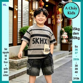Set bộ jean bé trai ( Áo thun cotton + quần jean) in chữ SKHX phong cách cá tính cực sang cho bé diện đi chơi , đi du lịch