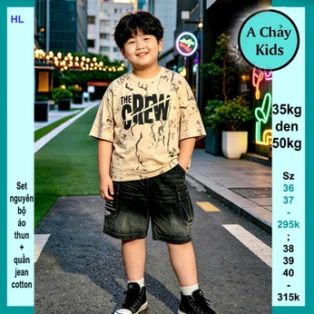 Set bộ jean bé trai ( Áo thun cotton + quần jean) in chữ THE CREW phong cách cá tính cực sang cho bé diện đi chơi , đi du lịch
