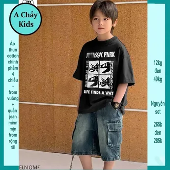 Set bộ jean bé trai (Áo thun cotton + Quần jean ) in hình Khủng Long phong cách cá tính cho bé đi chơi , du lịch